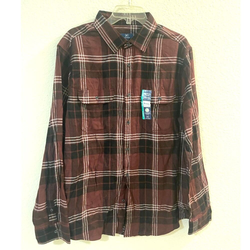 George Burgundy Plaid Relaxed Fit Button-up Size XL Cotton Blend Flannel Shirt